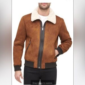 NWOT DKNY Men's Shearling Bomber Jacket with Faux Fur Collar Men size XL